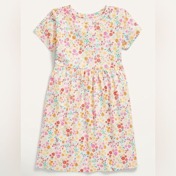 Old Navy Girl’s Cream Floral Short-Sleeve Printed Swing Jersey-Knit Dress 6/7 - Picture 1 of 11